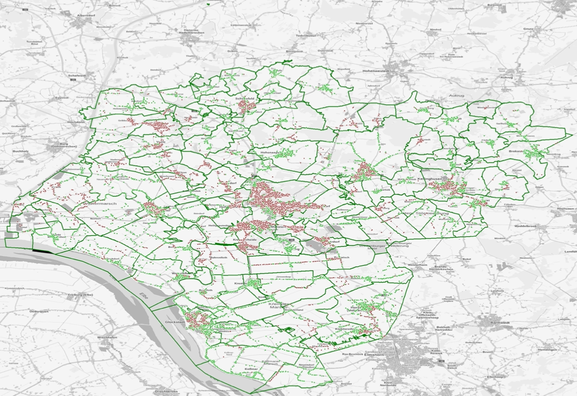Ausbaugebiet (Grün = unterversorgt, Rot = nicht unterversorgt)